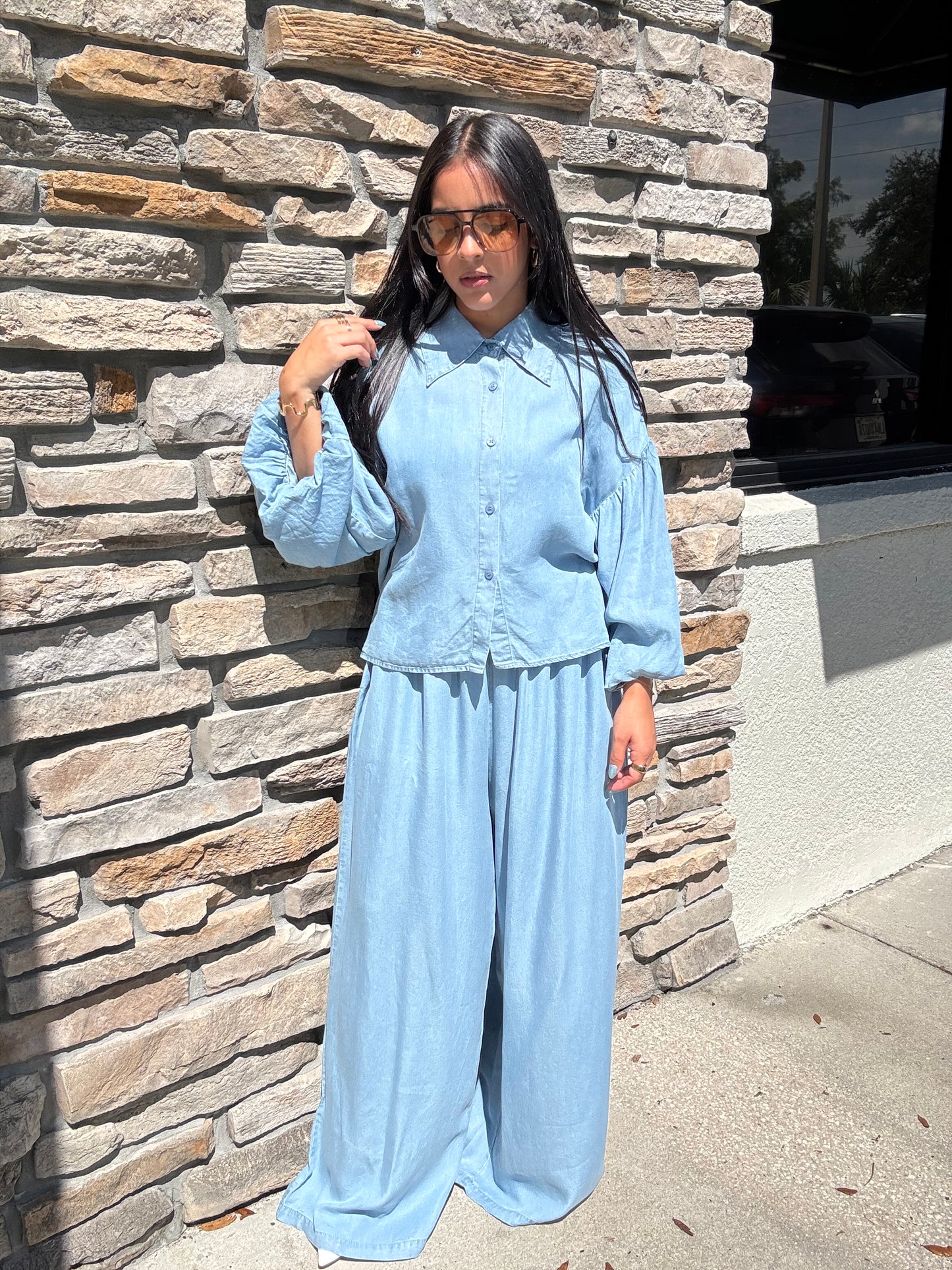 Denim Bubble Sleeve Top